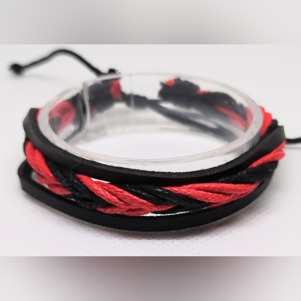Men's Bracelet Leather Braided Layered Black Red New‎ F29